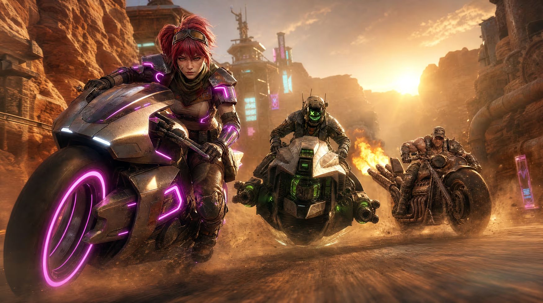 Three futuristic motorcyclists racing on a desert road with neon and fiery effects at sunset.