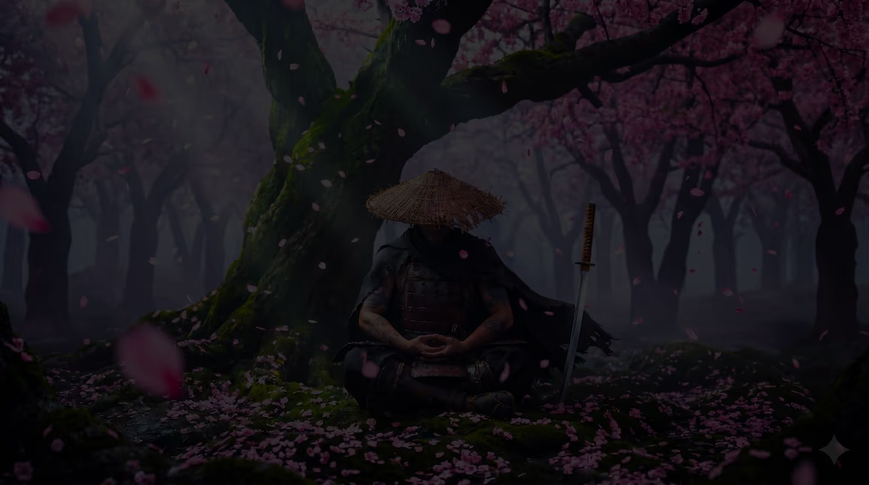 Meditating samurai in a mossy forest with pink blossoms and a katana planted in the ground.